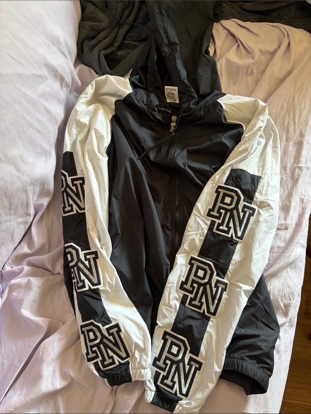 Victoria's Secret PINK Black Hooded Windbreaker with Metal 'P' Charm